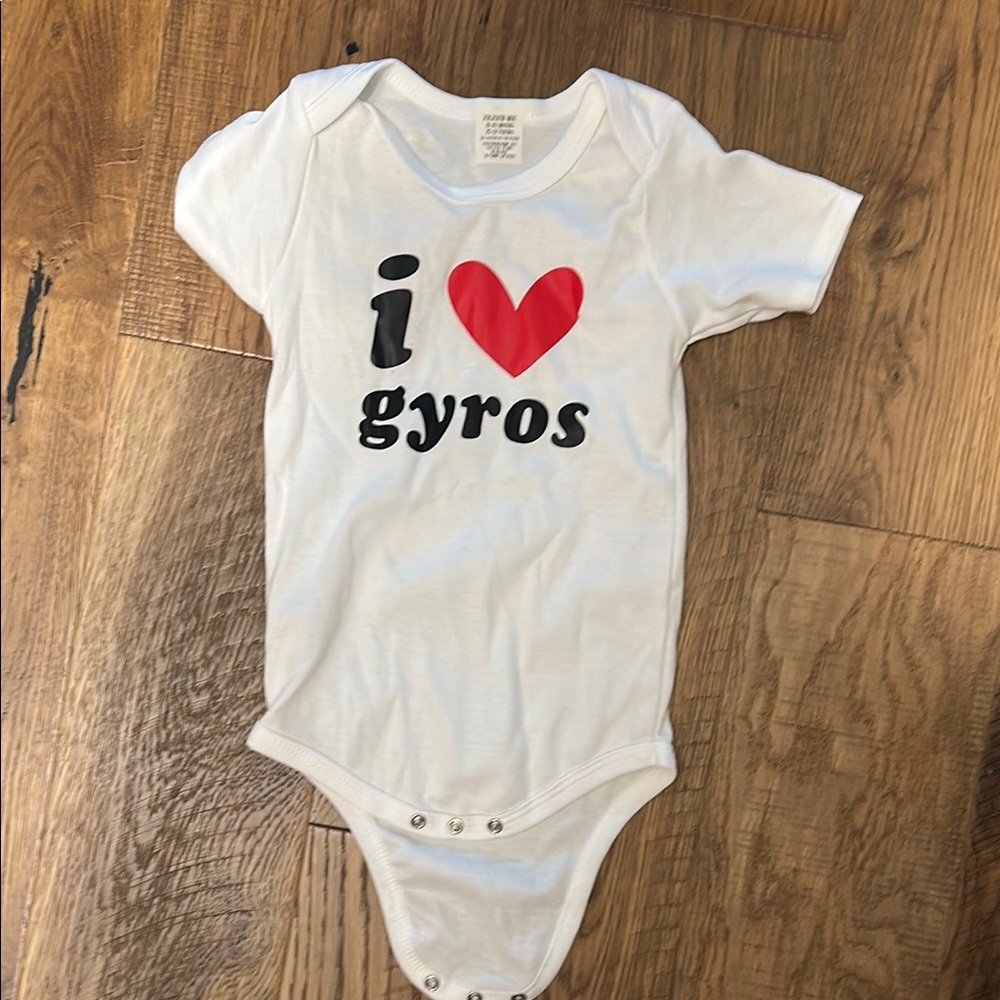 White One-Piece with Red Heart and Black Text, I Love Gyros Onesie
